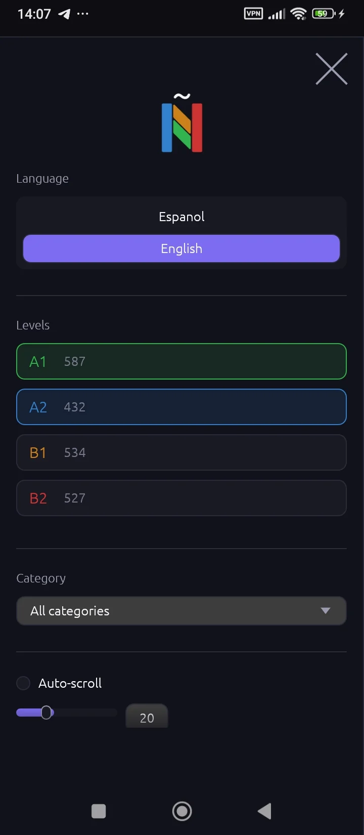 Spanish Expressions — configurações no Android