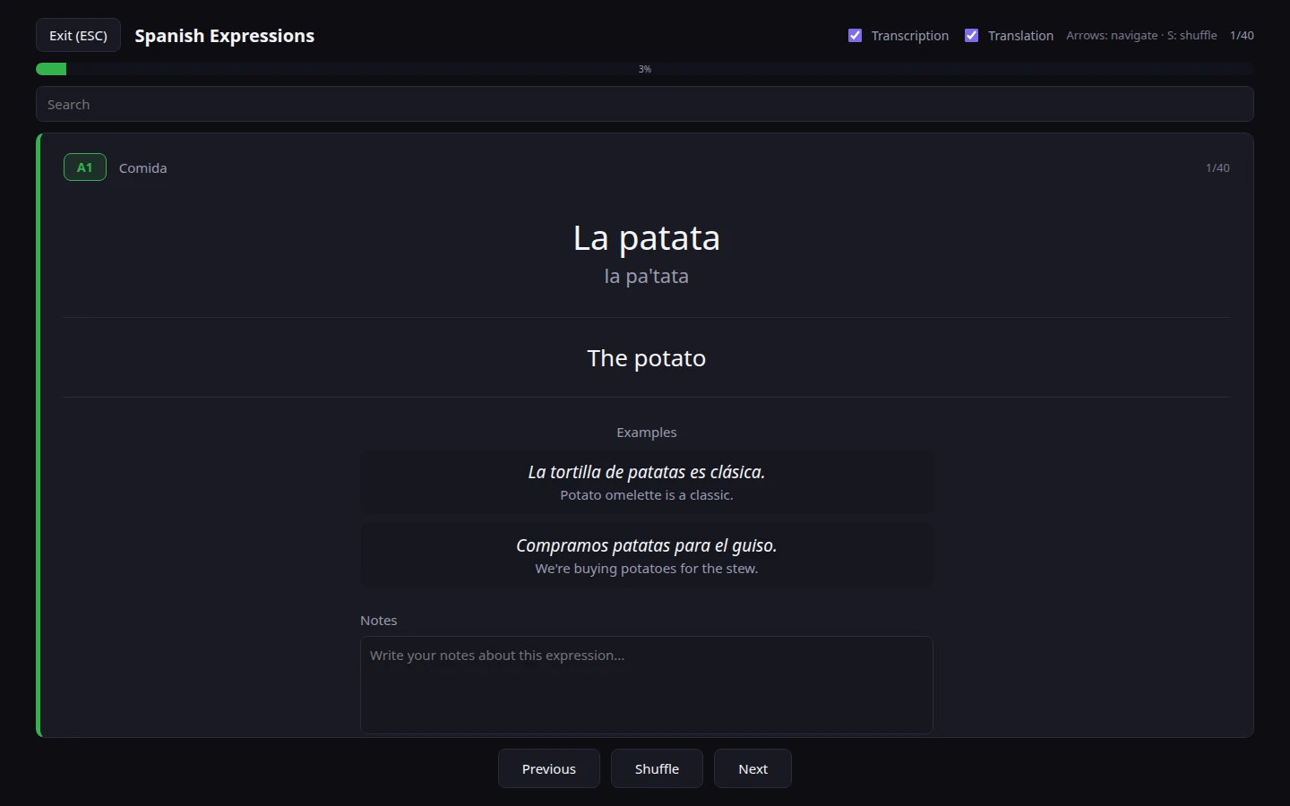 Spanish Expressions — modo de estudo em tela cheia